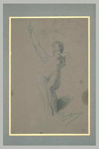Femme nue, le bras droit levé, tenant une baguette