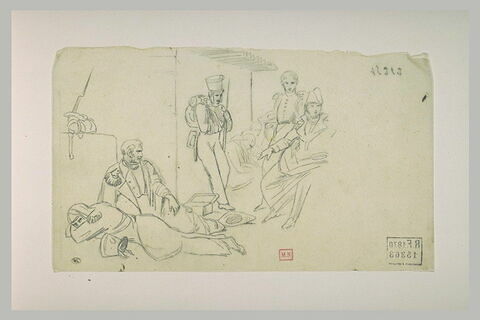 Une ambulance militaire avec des blessés, le major assis, et un officier, image 1/1