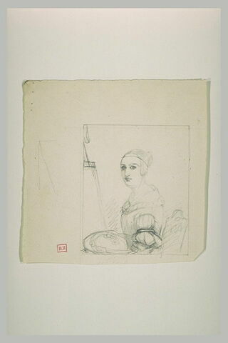 Jeune femme, assise devant un chevalet, une palette à la main, image 1/1