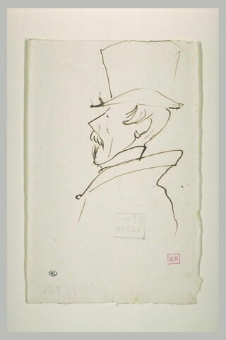 Caricature : homme, vu en buste, de profil, coiffé d'un haut-de-forme, image 1/1