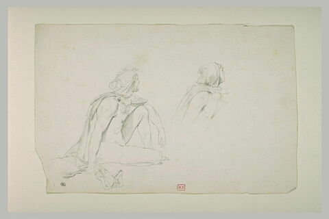 Homme nu sous un manteau, assis sur le sol, de profil ; reprise de la figure
