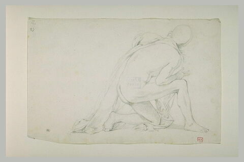 Homme nu, vu de dos, tourné vers la gauche, le genou gauche au sol, image 1/1