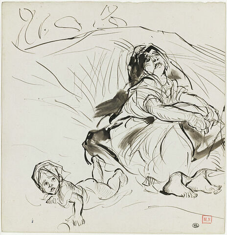 Femme orientale, assise sur le sol, et enfant couché à plat ventre