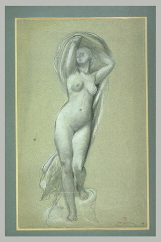 Femme nue, debout, vue de face, soulevant ses voiles au-dessus de sa tête