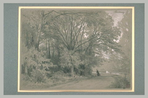 Une route, entre une rivière et un bois, et une femme portant un fagot, image 1/1