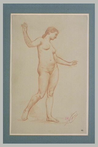 Femme nue, debout, de trois quarts à droite, marchant, les bras étendus, image 1/1