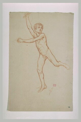 Jeune garçon nu, courant vers la gauche, le bras droit levé