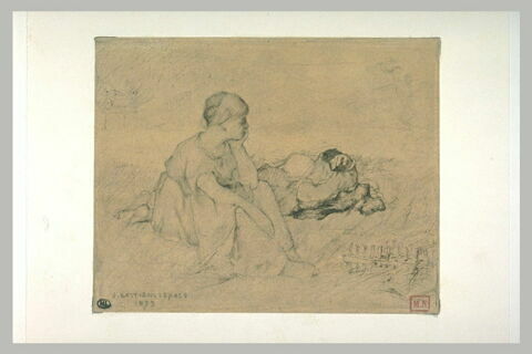 Femme assise dans l'herbe, près d'un homme endormi, image 1/1
