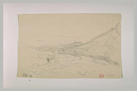 Deux arabes et un âne dans un reux de terrain au pied d'une grande colline, image 2/2