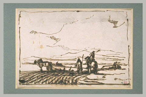 Arabe labourant un champ avec une charrue tirée par deux chevaux, image 1/1