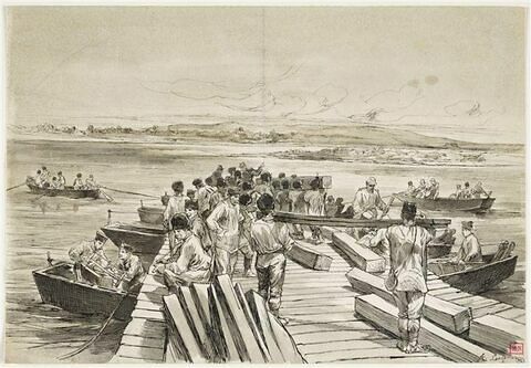 Pontonniers construisant un pont de bateaux sur une rivière
