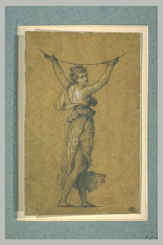 Femme vêtue à l'antique, debout, les bras levés, soutenant une sphère, image 1/1