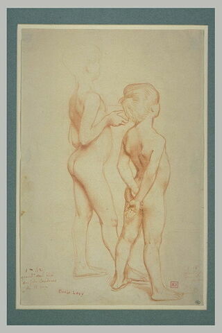 Deux enfants nus, debout, de dos, tournés vers la droite