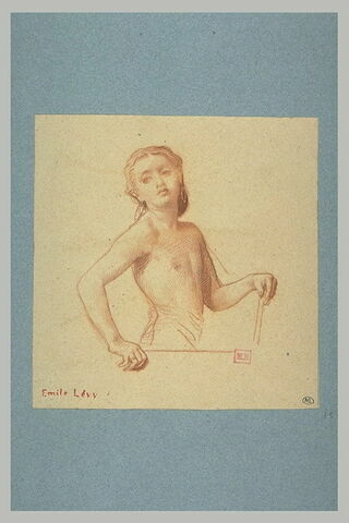 Petite fille nue, à mi-corps, la main droite sur un bâton, image 1/1
