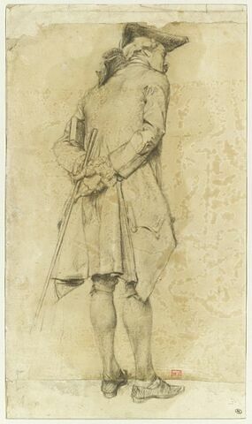 Homme, en costume époque Louis XV, coiffé d'un tricorne, penché