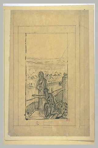 Femme debout sur un chemin de ronde, un homme agenouillé près d'elle, image 2/2