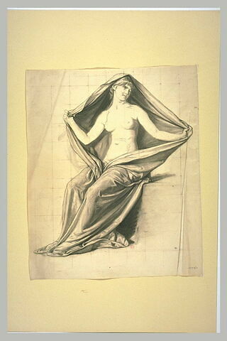 Etude de draperie pour une femme assise, écartant son vêtement, image 1/1