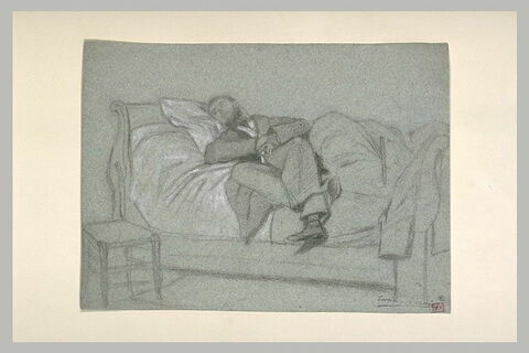 Homme en redingote, étendu sur un lit et dormant, les mains jointes