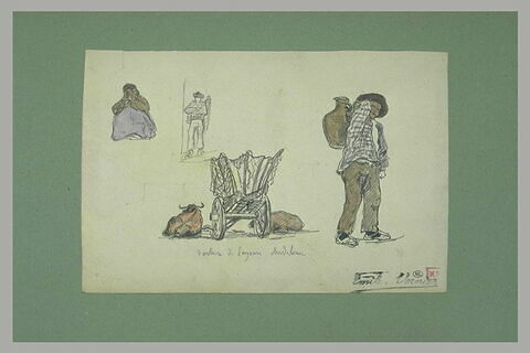 Femme assise ; homme debout ; voiture et boeufs ; homme portant un broc, image 1/1