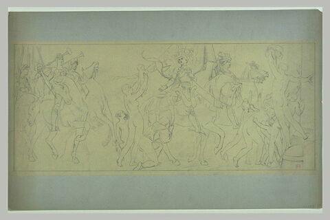 Jeanne d'Arc à cheval entourée de figures et suivie de cavaliers