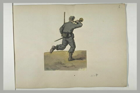 Chasseur à pied sonnant du clairon et courant, vu de dos, image 1/1