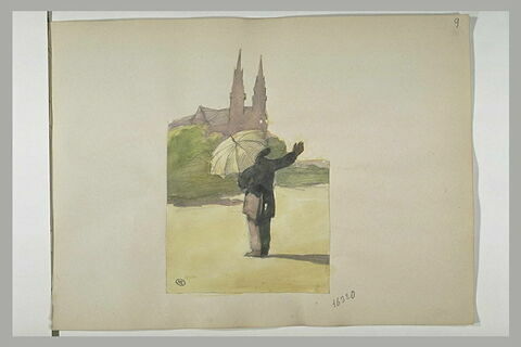 Homme debout, sous un parapluie, contemplant une cathédrale au loin