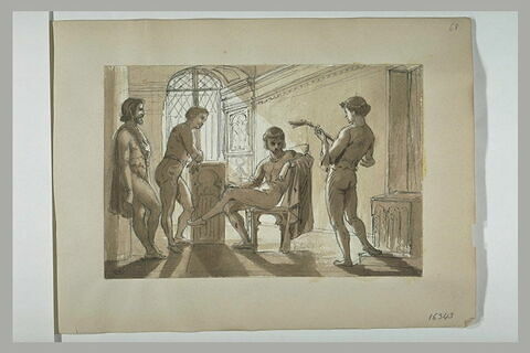 Jeune homme jouant du luth devant trois hommes dans une chambre gothique