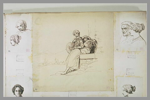 Jeune femme, chargée d'une botte de foin, se reposant sur un muret