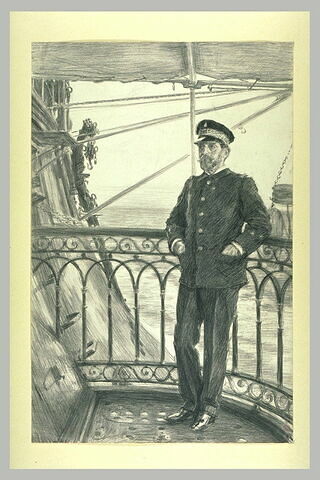 Amiral, debout, adossé à un balcon sur un navire