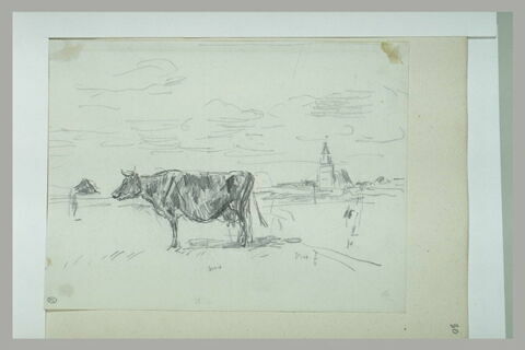 Vache, debout, au milieu d'une plaine, avec un village au loin, image 1/1