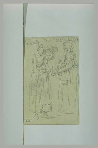 Femme tenant une corbeille et, face à elle, deux autres femmes, image 1/1