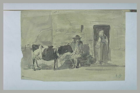 Couple de paysans breton devant leur maison avec une vache, image 1/1