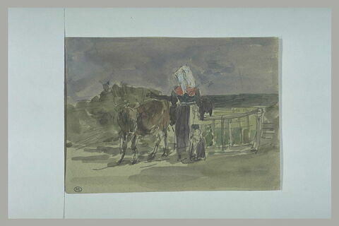 Bretonne, debout, ouvrant une barrière pour laisser passer une vache, image 1/1