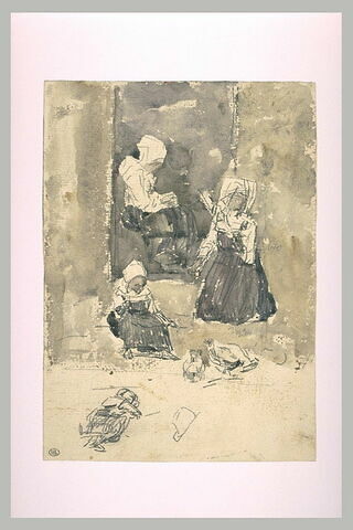 Paysanne bretonne filant une quenouille, et deux fillettes