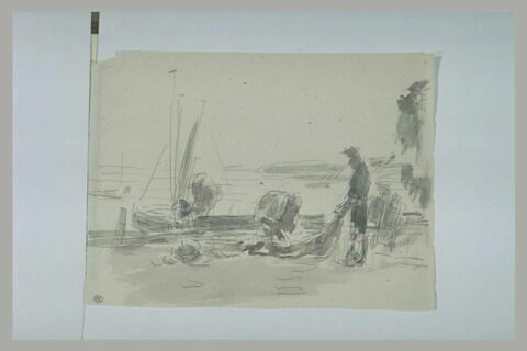 Pêcheurs sur un quai examinant un filet, image 1/1