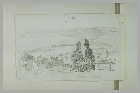 Deux femmes, assises sur un banc, regardant un vaste panorama, image 1/1