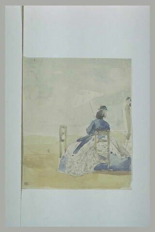 Femme en bleu, avec ombrelle, sur une chaise, vue de dos, image 1/1