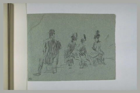 Homme assis, vu de dos, et trois dames, à chapeaux, assises, image 1/2