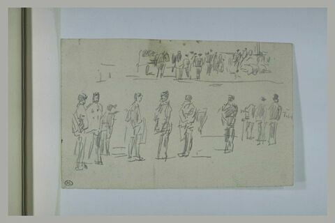 Etudes d'hommes debout ; charrette à cheval, et foule d'hommes, image 1/1