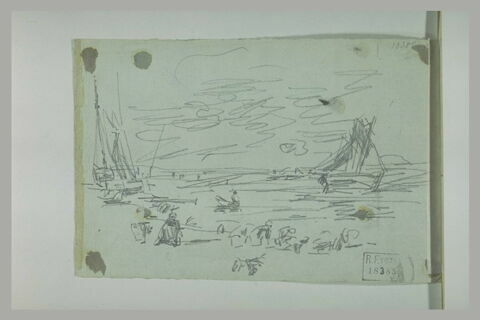 Personnages autour de bateaux échoués sur une grève, image 1/1