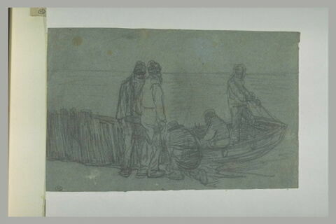 Cinq pêcheurs, deux dans une barque, trois sur le rivage, image 1/1