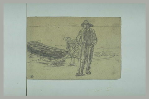 Pêcheur debout et derrière lui, un homme tirant une barque, image 1/1