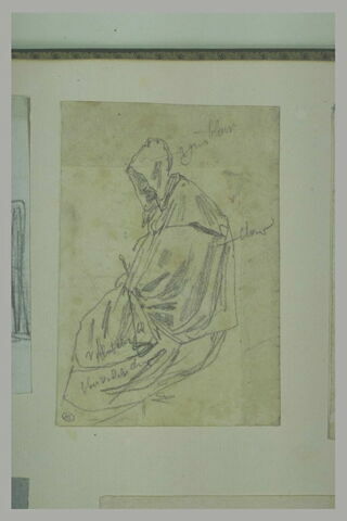 Vieille femme, assise, vue de profil à gauche, image 1/1