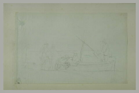 Hommes auprès d'un bateau où se trouvent deux autres hommes, image 1/1
