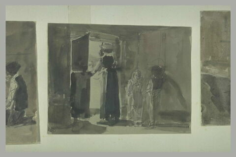 Femme ouvrant une porte et deux enfants, image 1/1