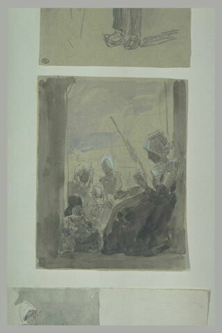 Femme, assise, filant dans une embrasure de porte et plusieurs enfants, image 1/1