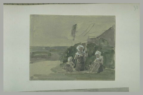 Paysage avec deux bretonnes, à genoux et une petite fille sur l'herbe, image 1/1