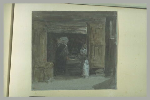 Femme, debout, vue de dos, et petit enfant dans une chambre, image 1/1