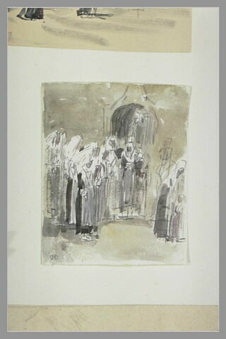 Femmes, debout, à l'entrée d'une église, image 1/1