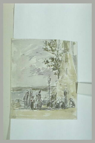 Femme, devant une église, sur une esplanade dominant une rivière, image 1/1